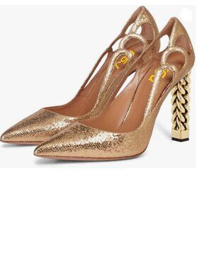 FSJ Gold Sequins Gold Metal Chain Chunky High Heel Pointed Toe Slip On Pumps